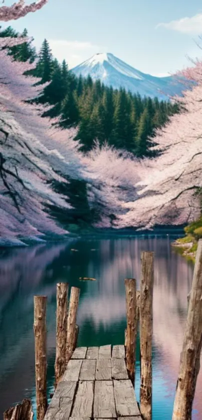 Cherry blossoms by a tranquil lake with a mountain in the background.