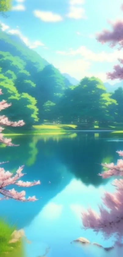 Serene lake with cherry blossoms and lush greenery.