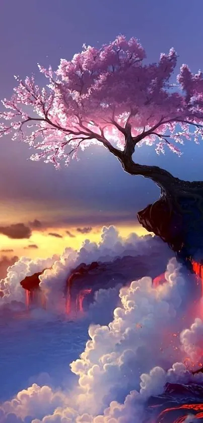 Cherry blossom tree over steaming water at sunrise.