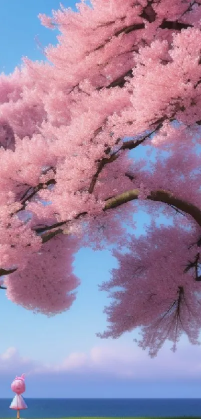 Cherry blossom trees with ocean background