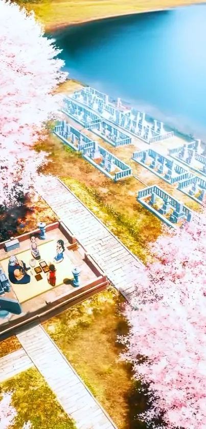 Cherry blossom trees with tranquil water view.