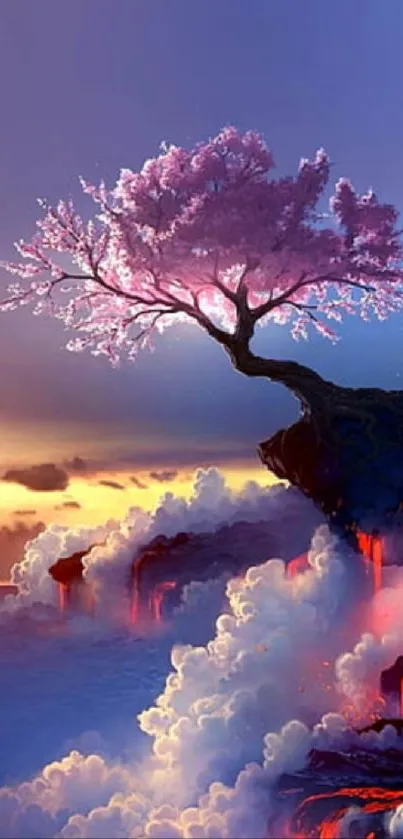 Cherry blossom tree on mystical cliff with vibrant colors at sunset.