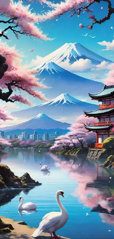 Serene landscape with cherry blossoms and swans.