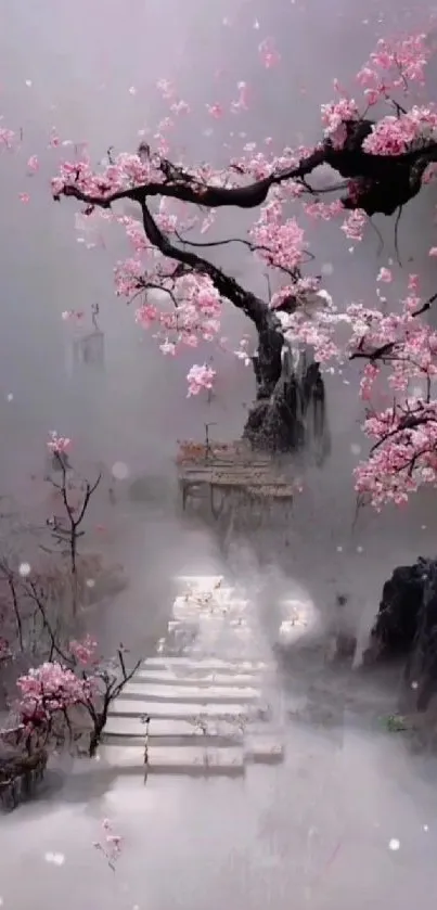 A misty pathway lined with cherry blossoms, exuding peace and tranquility.