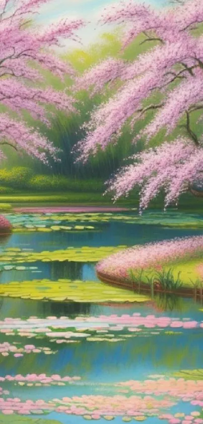 Cherry blossom trees and serene pond with reflections.