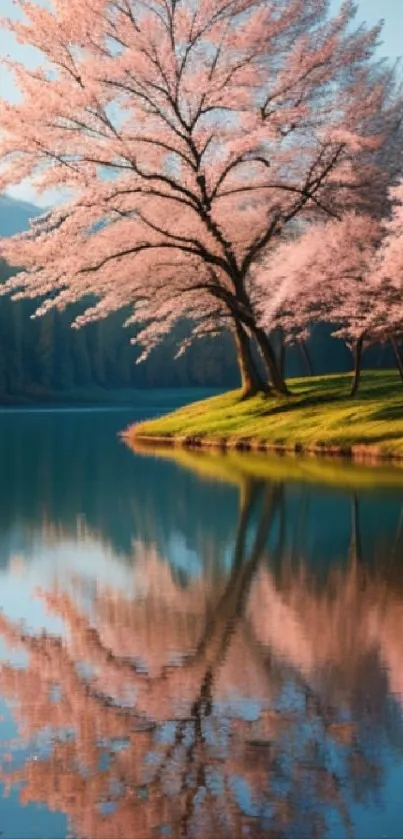 Reflective cherry blossoms by a peaceful lake.