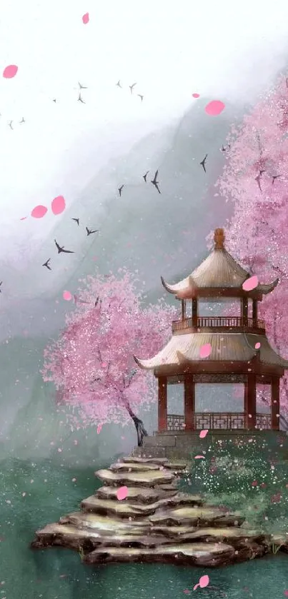 Mobile wallpaper with a pagoda, cherry blossoms, and misty mountains.