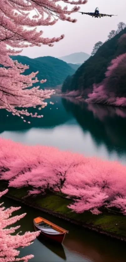 Serene river with cherry blossoms and a boat, perfect for a mobile wallpaper.