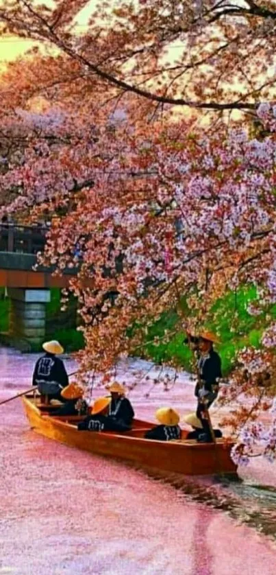 Traditional boat under cherry blossoms on a peaceful river.