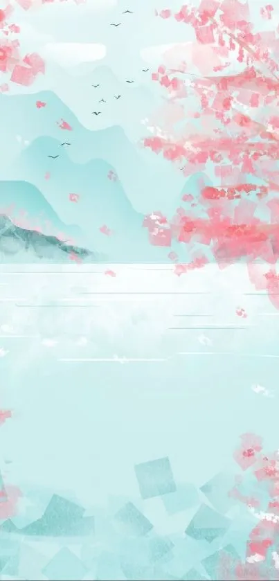 Serene cherry blossom and mountain wallpaper in soft pastels.