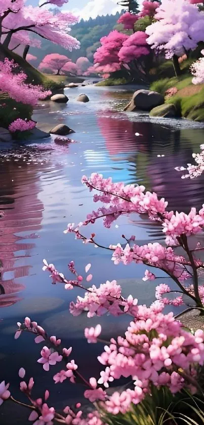 Cherry blossom-lined stream with pink flowers.