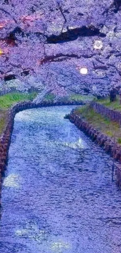 Lavender river scene with twilight blooms and tranquil waters.