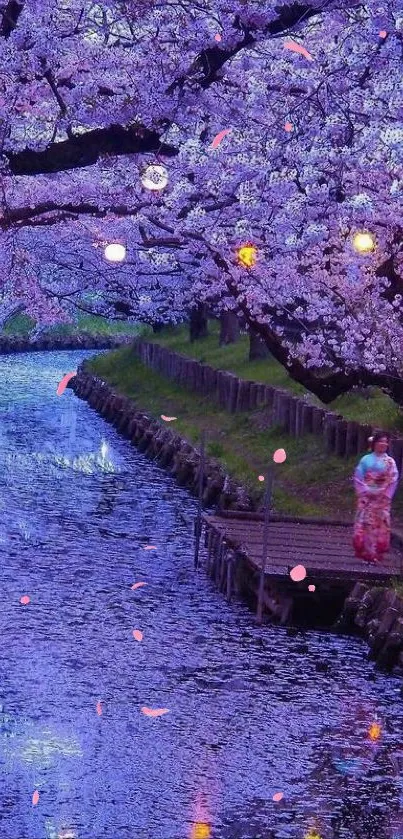 Serene stream with cherry blossoms and lanterns in soothing purple hues.