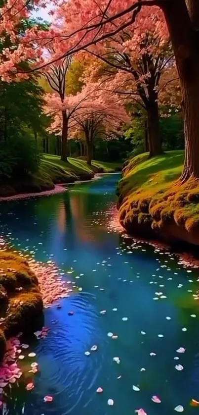 Serene stream with cherry blossoms in spring.