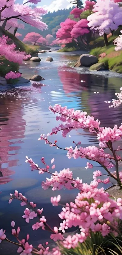 Pink cherry blossoms by a tranquil stream in a serene natural setting.