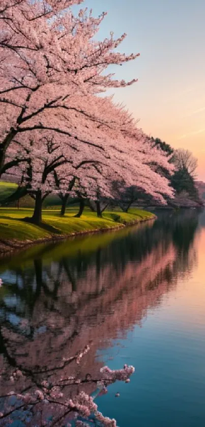 Cherry blossom trees and sunset over a tranquil lake, reflecting a serene landscape.