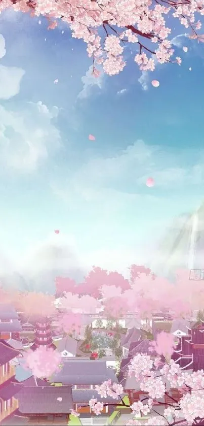 Serene town with cherry blossoms and pastel sky.