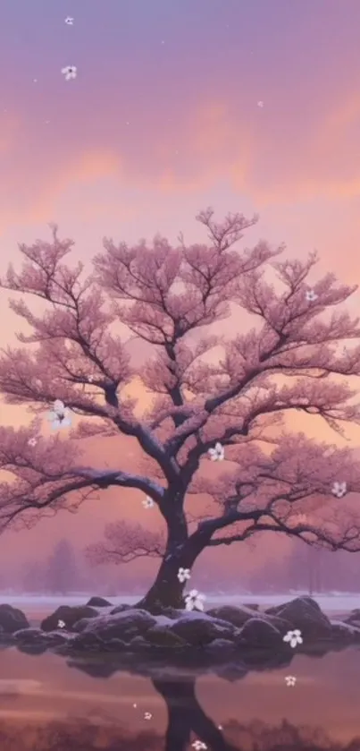 Beautiful cherry blossom tree with soft pink flowers and a sunset sky.