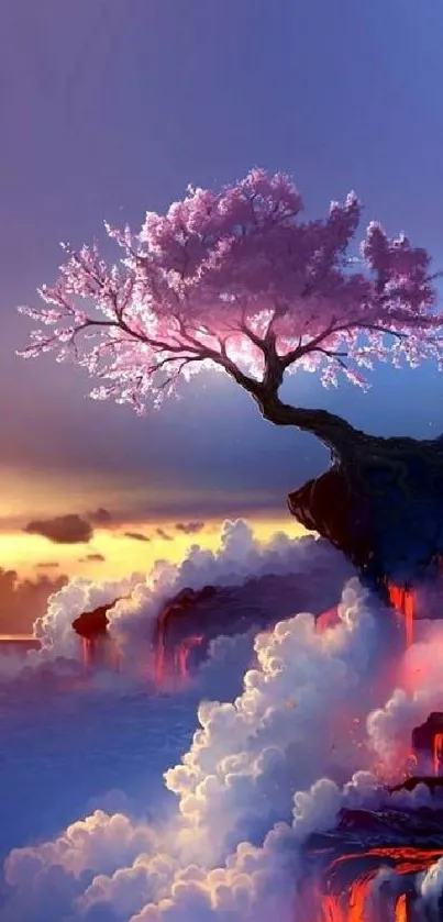 Fantasy landscape with cherry blossom tree and glowing lava.