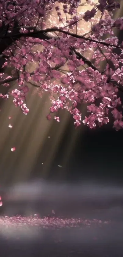 Cherry blossom tree with pink petals and sunlight on a dark background.