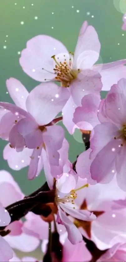 Cherry blossoms against soft green background with falling petals.