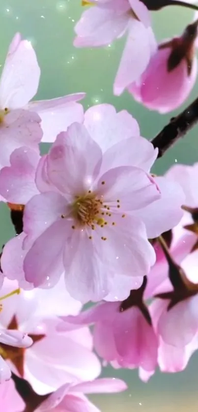 Delicate pink cherry blossoms on branches against a soft green background.