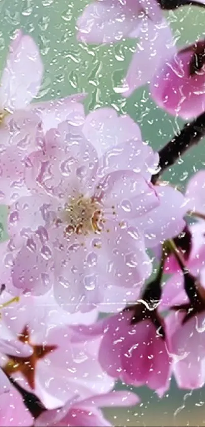 Cherry blossom with raindrops mobile wallpaper featuring pink petals.