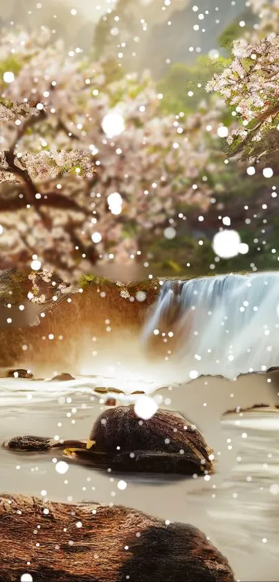 Cherry blossom tree by a waterfall with lush greenery.