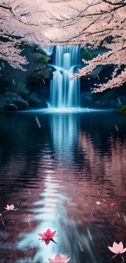 Cherry blossom branches over a serene waterfall reflecting in a tranquil pond.