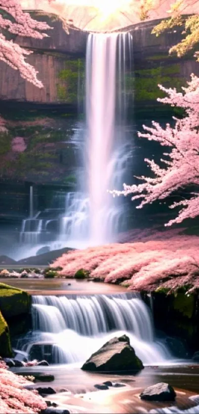 Cherry blossom trees and waterfall creating a serene landscape.