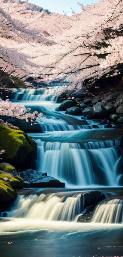 Serene waterfall amidst cherry blossoms in spring.