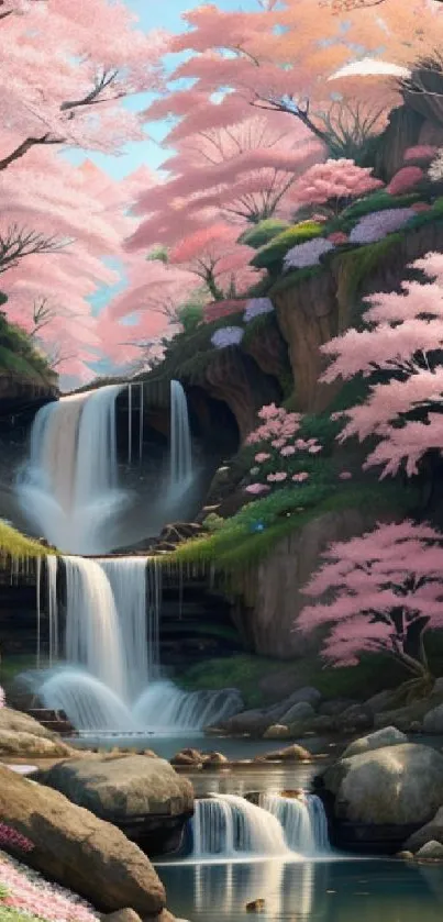 Beautiful cherry blossom waterfall landscape with pink trees and calming water flow.