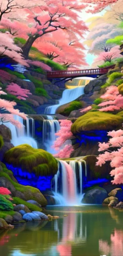 Vibrant cherry blossom waterfall scene with lush greenery and serene waters.