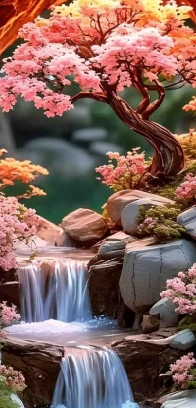 Serene waterfall with cherry blossoms and rocks.