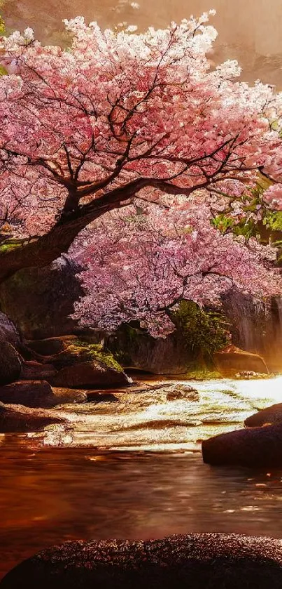 Cherry blossom trees by a serene waterfall, bathed in soft sunlight.