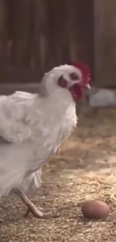 White chicken with egg in a barn setting wallpaper.