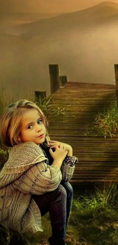 Child by a misty wooden pier in a serene landscape at dusk.