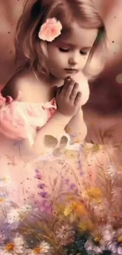 Serene child with floral background wallpaper in rose pink tones.