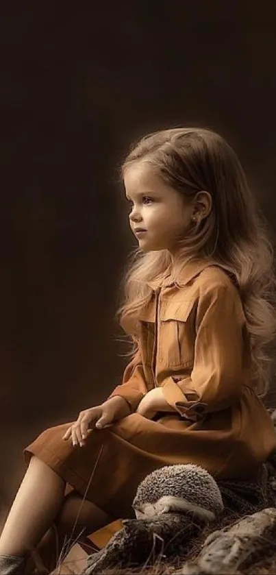 A serene young girl in an autumn dress, seated in nature.