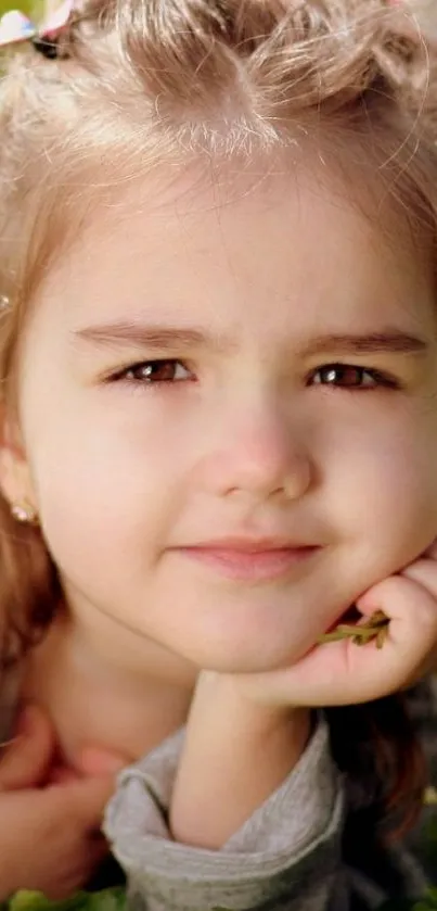 Child smiling gently in lush greenery.