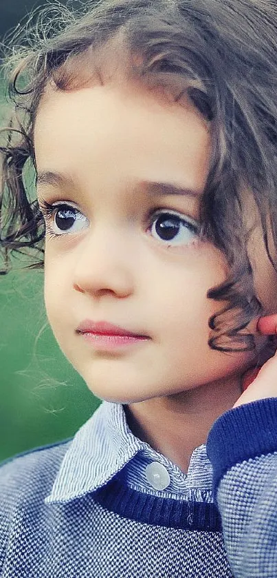 Thoughtful child standing outdoors against a green background.