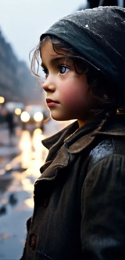 A child in a city street, under warm evening lights, wearing a coat and headscarf.