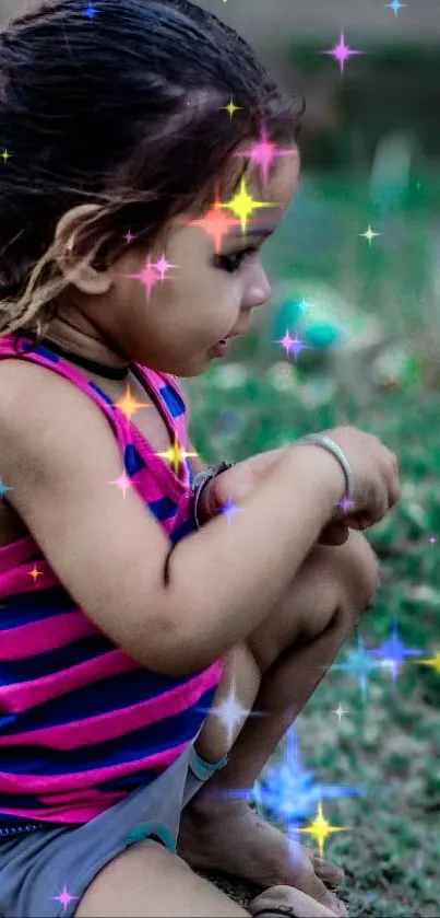 Young child in stripes playing outdoors, surrounded by green grass.