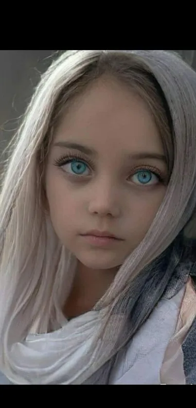 Serene portrait of a child with blue eyes and soft, light hair on a gray background.