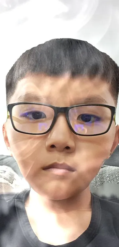 Child wearing glasses with soft lighting effect.