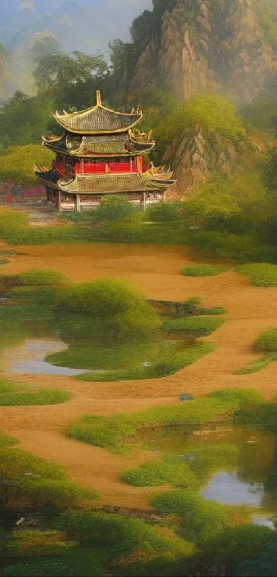 Serene Chinese temple amidst lush green mountains and calm waters.