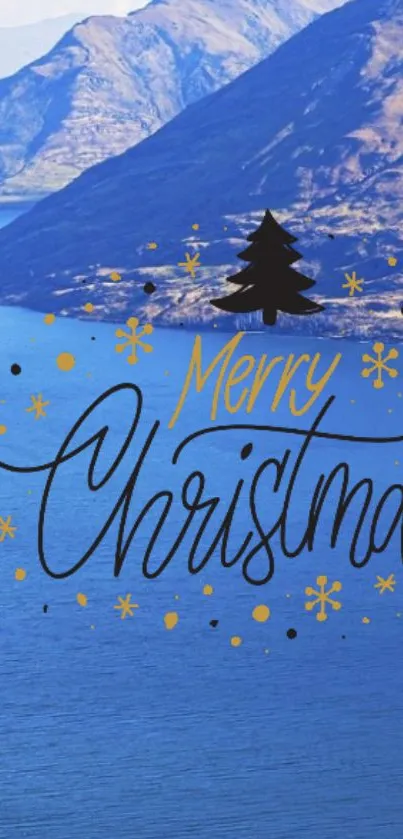 Mobile wallpaper with 'Merry Christmas' text over lake and mountains.