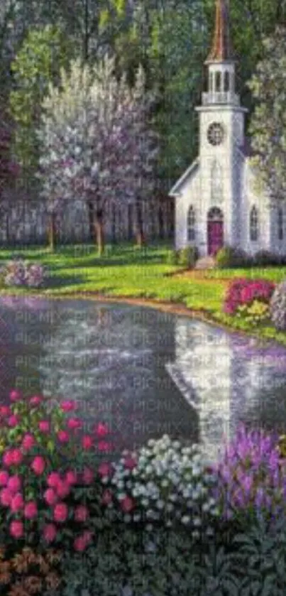 Serene church by a pond with vibrant blooming flowers.