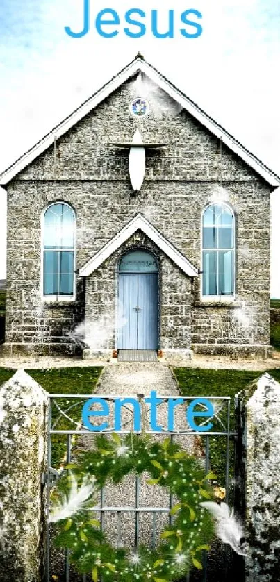 Serene stone church entrance with blue sky.