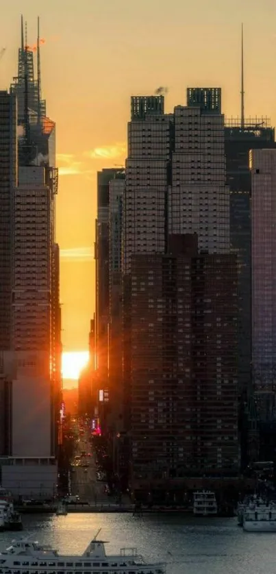 City skyline at sunset with golden hues and calm water.